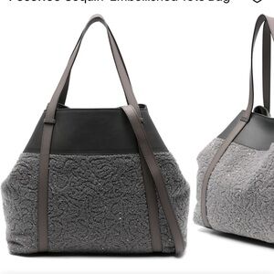 Gray Shearling-Trim Tote Bag - Fashion Handbag